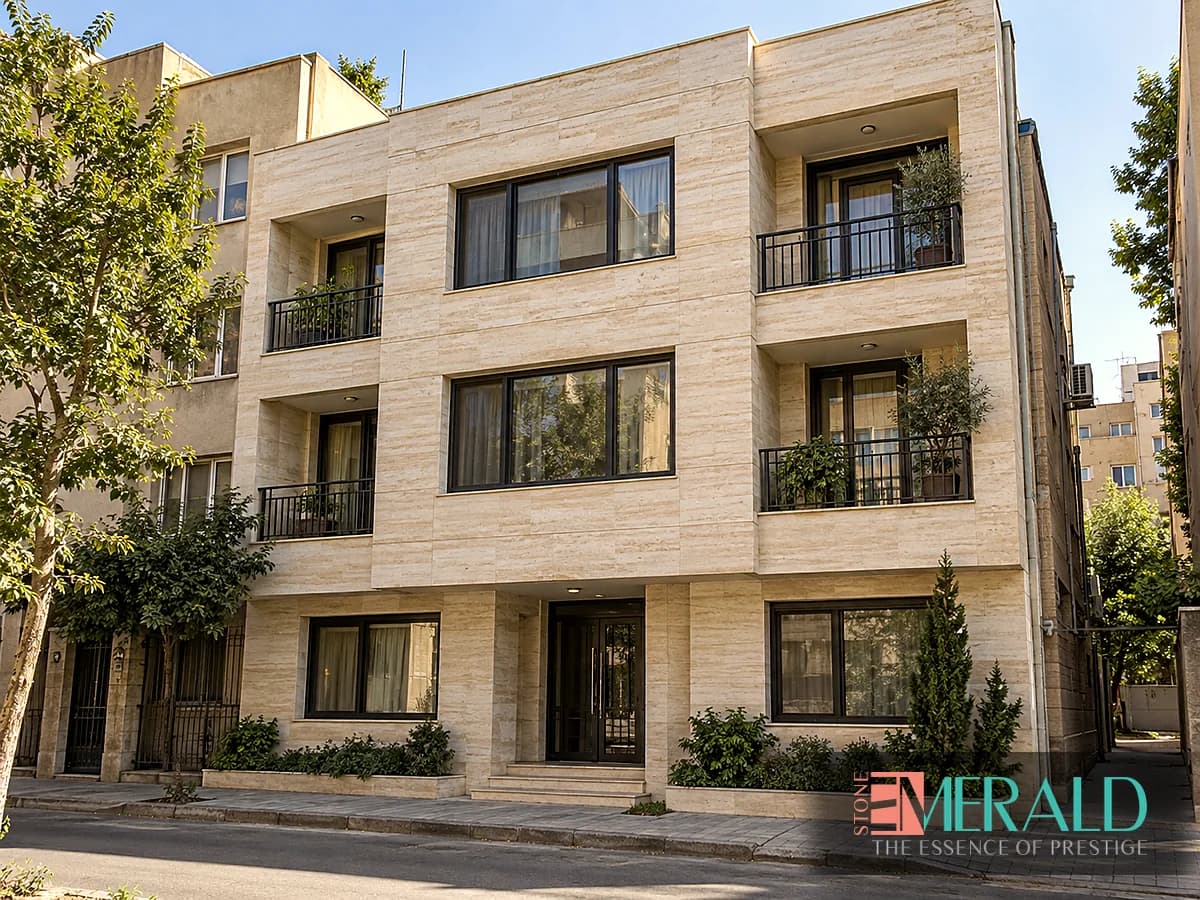 Cream vein-cut travertine facade with dark windows and simple balconies