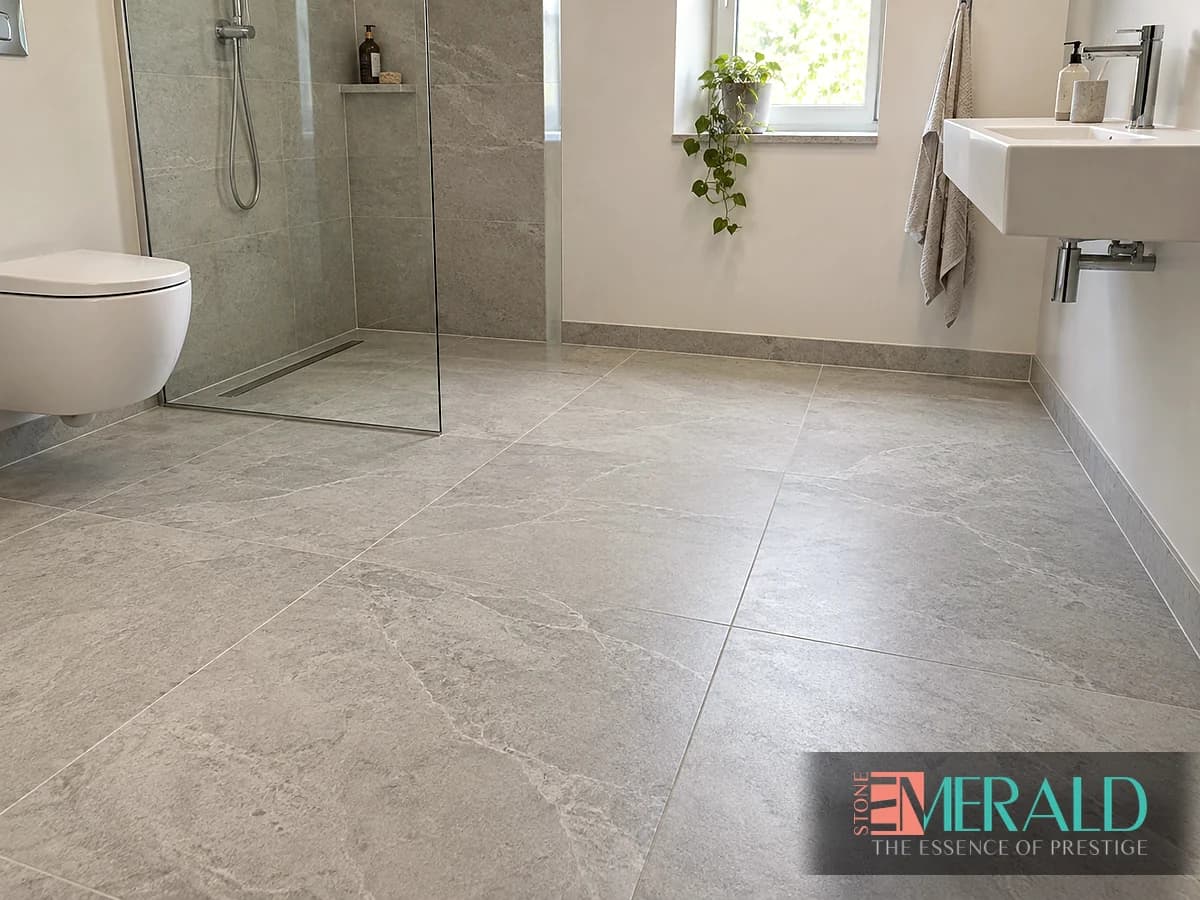 کف سنگ خاکستری مات کنار شیشه دوش و آبروی خطی حمام