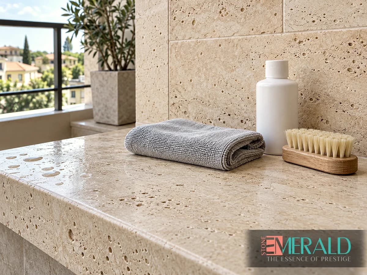 Porous travertine with water droplets, a cloth and a soft brush