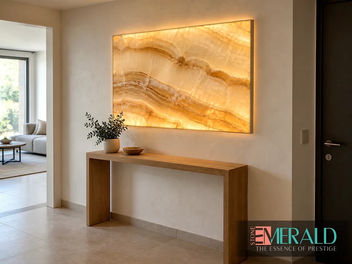 Панно из медового оникса с подсветкой над деревянной консолью — Emerald Stone