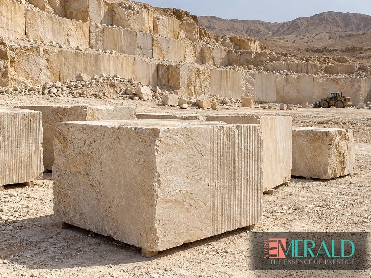 Cream stone blocks with saw marks in front of a stepped quarry face