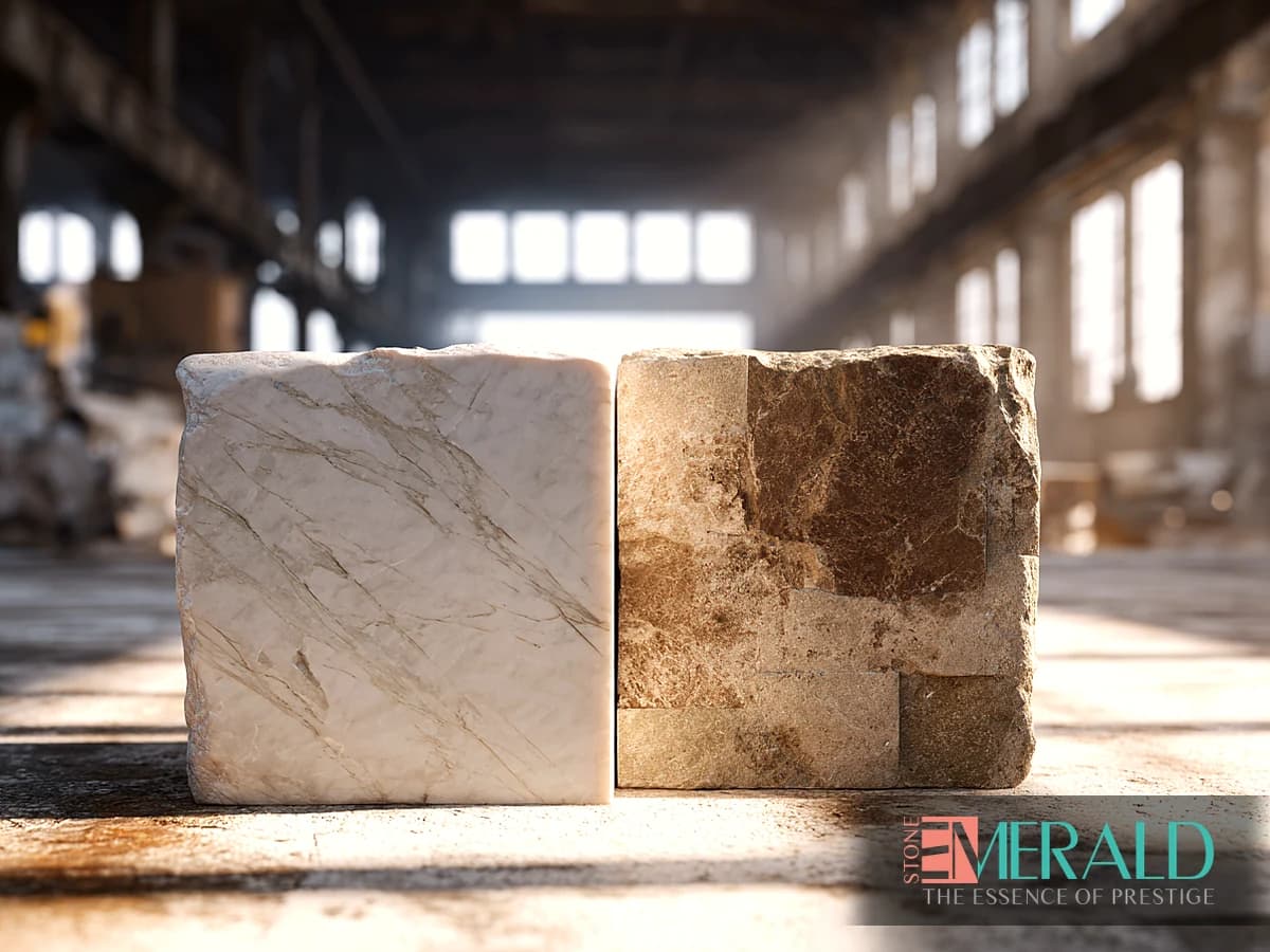 Light and cream stone blocks with contrasting textures on a workbench